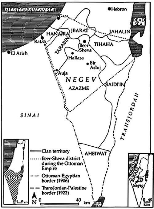  Stammes-, Verwaltungs- und internationale Grenzen im Negev Anfang des 20. Jahrhunderts