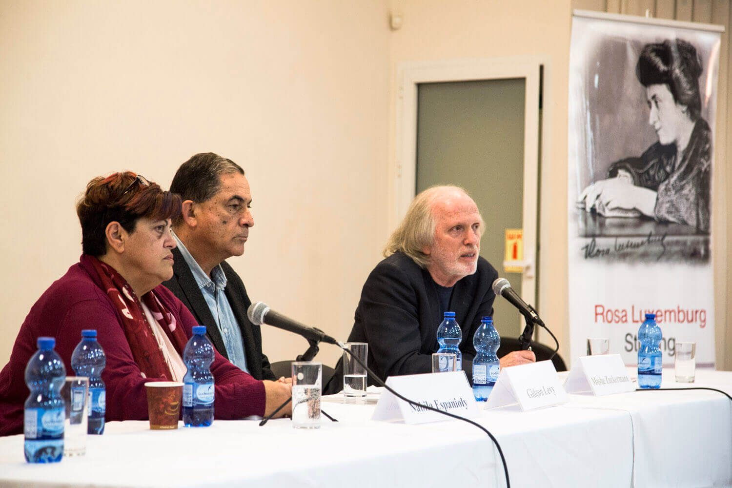  v.l.n.r. Nabila Espanioly , Gideon Levy, Moshe Zuckermann; Abschied von Angelika Timm, Symposium Tel Aviv 19.02.2015
