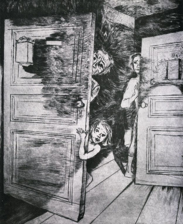  Gestapo im Haus, 1934, Blatt 10, Zyklus Unterm Hakenkreuz, Kaltnadelradierung