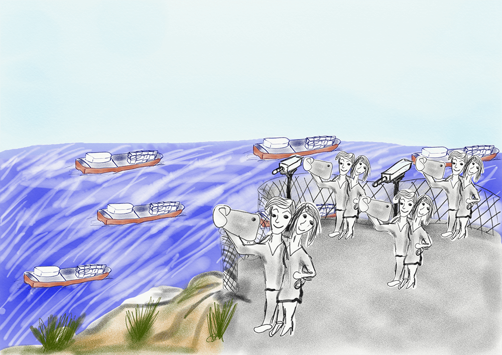  Tourist*innen machen Selfies am Aussichtspunkt Stella Maris. Bild: Muhammad Jabali.