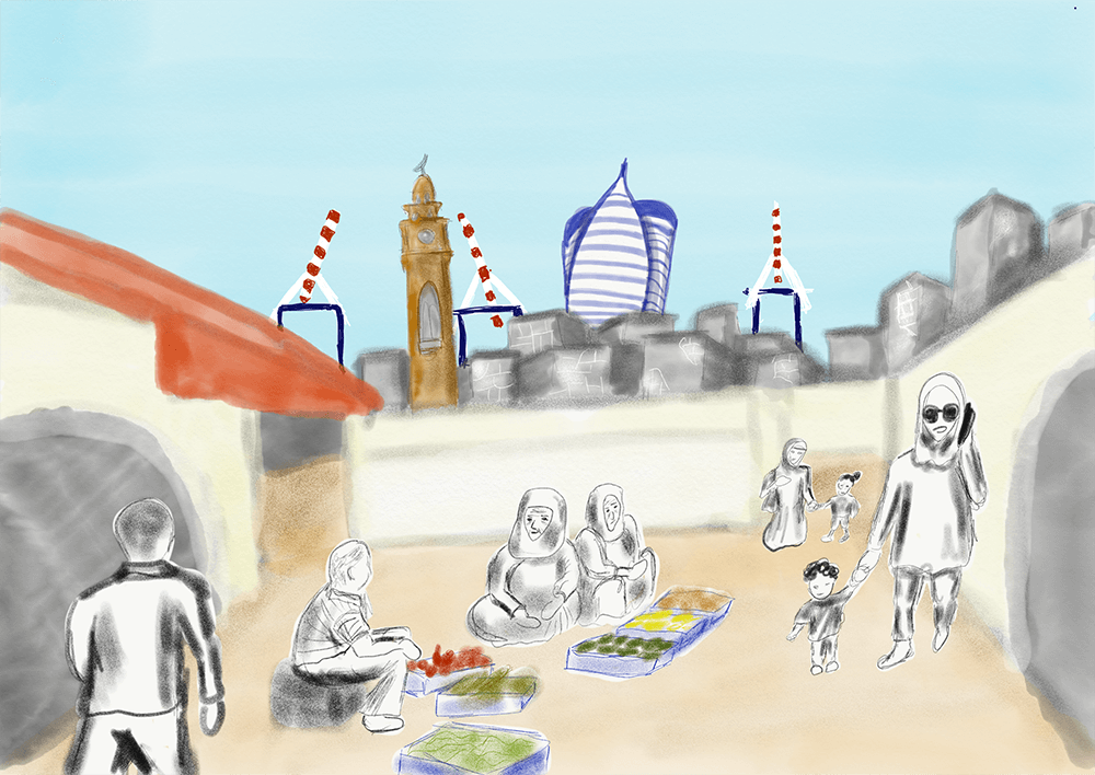  <br />Souq El Shewam (der syrische Markt) im Zentrum von Haifas Altstadt. Im Hintergrund ist die informelle und chaotische Shikunim-Ansiedlung des östlichen Viertels zu sehen. Bild: Muhammad Jabali.