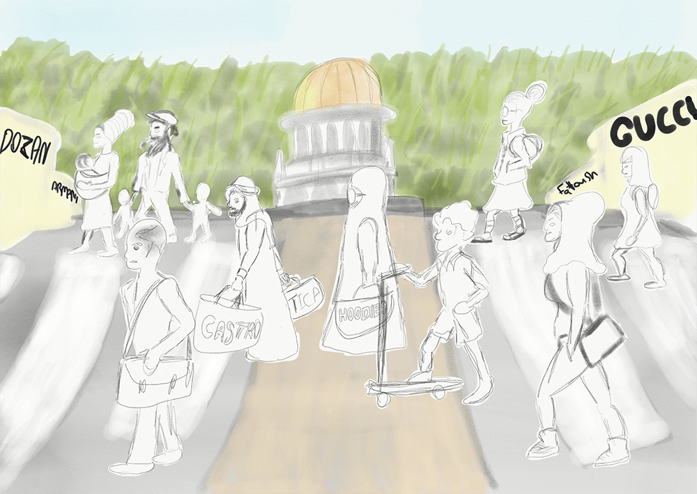  Sobald man den Innenstadtbereich verlässt, ist die Ähnlichkeit zur Altstadt von Wien bemerkenswert. Die deutsche Kolonie in Haifa ist in den letzten Jahrzehnten zur schicken Einkaufsmeile geworden, wo Hipster neben Araber*innen aus den ölreichen Golfstaaten beim Einkaufsbummel entlang schlendern. Bild: Muhammad Jabali.