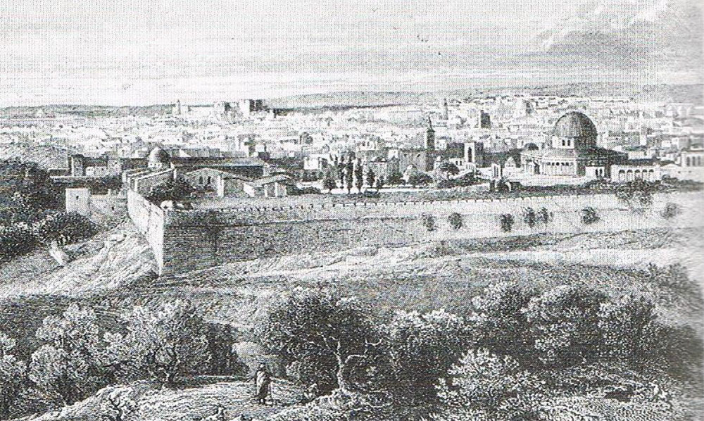  Blick vom Ölberg auf Jerusalem, Druck eines mit der Daguerreotypie angefertigten Fotos des französischen Fotografen Frédéric Goupil-Fesquet aus dem Jahr 1839. Soweit bekannt, handelt es sich hierbei um die erste Fotographie des Tempelbergs.